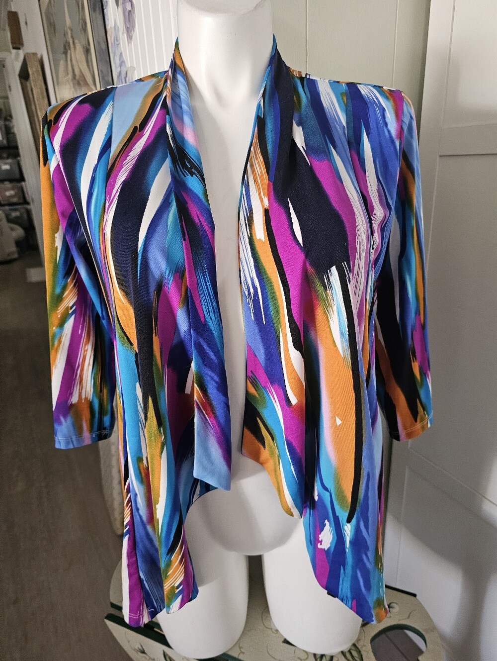 Slinky Brand Womens L Cardigan Jacket Abstract Multicolor Open Front Made USA